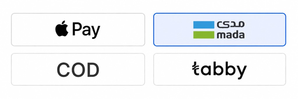 Mada, Visa, Mastercard, Apple Pay, Google Pay, Tabby, and COD